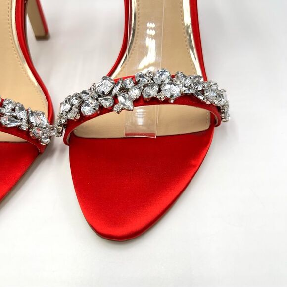 Jewel Badgley Mischka Size 10 Ojai Jeweled Red Satin Heels Dress Sandals Shoes - Picture 5 of 14